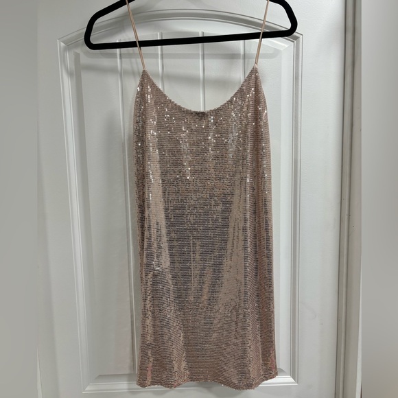 Zara Champagne Pink Metallic Scoop Back Dress Size Small - Picture 1 of 3